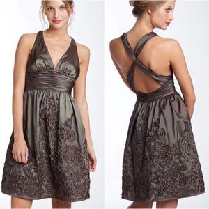 Adrianna Papell Iridescent Chocolate Brown Halter Taffeta Rosette Dress, Size 4